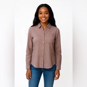 Maurices, womenโs button down mauve color shirt-with Pink Shimmer Dots. Medium